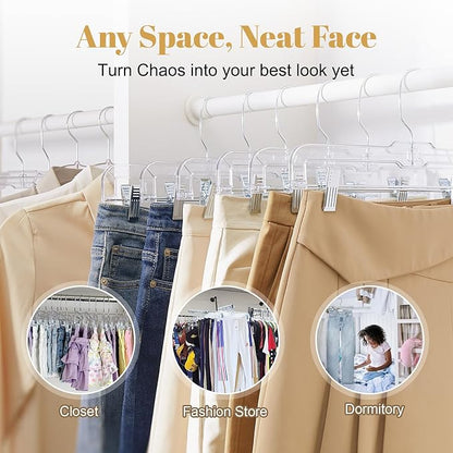 HOUSE DAY 200 Pack Pants Hangers with Adjustable Clips and 360° Swivel Hook, Non-Slip Clear Plastic Skirt Hangers for Pants, Jeans, Skirts, Trousers, Bulk Hangers for Closet Organization