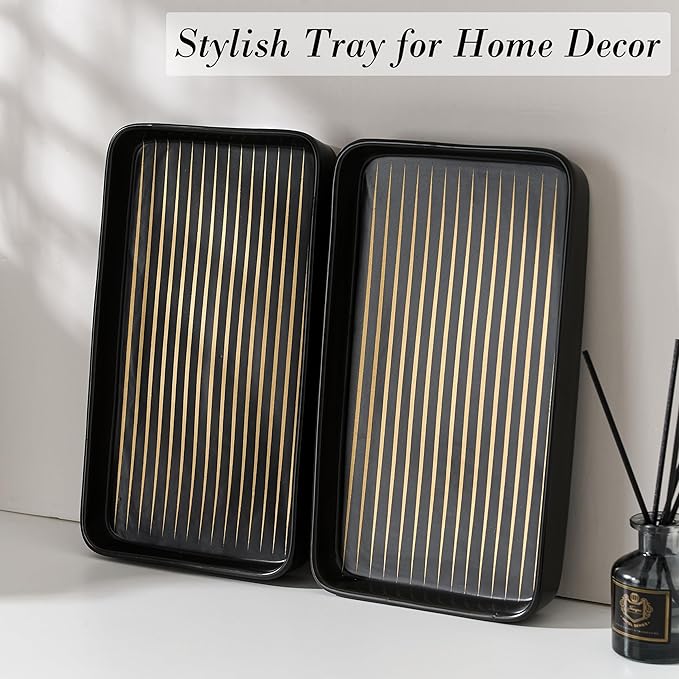 Bathroom Vanity Tray for Countertop,2PC Rectangle Striped Tray,Decorative Bathroom Organizer for Scrubber, Lotion Bottles, Perfume, Jewelry, Candle, Key Trinket Ring(Large,Black)