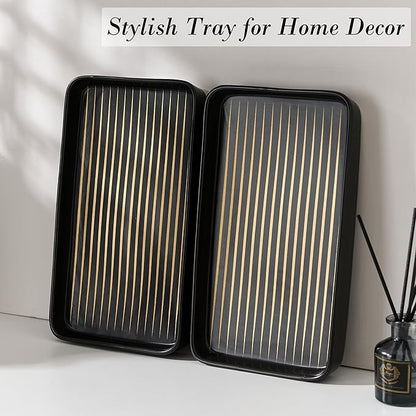 Bathroom Vanity Tray for Countertop,2PC Rectangle Striped Tray,Decorative Bathroom Organizer for Scrubber, Lotion Bottles, Perfume, Jewelry, Candle, Key Trinket Ring(Large,Black)