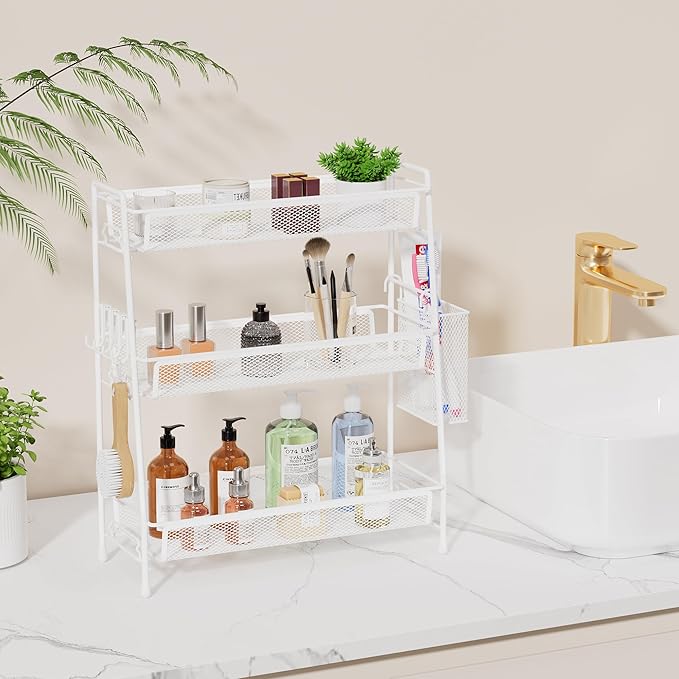 VITVITI 3-Tier Bathroom Organizer Countertop, Metal Wire Mesh Bathroom Counter Organizer Storage with Basket Hooks, Vanity Tray Shelf, Kitchen Spice Rack (White)