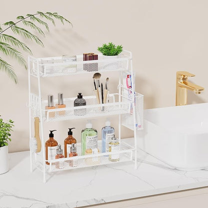 VITVITI 3-Tier Bathroom Organizer Countertop, Metal Wire Mesh Bathroom Counter Organizer Storage with Basket Hooks, Vanity Tray Shelf, Kitchen Spice Rack (White)