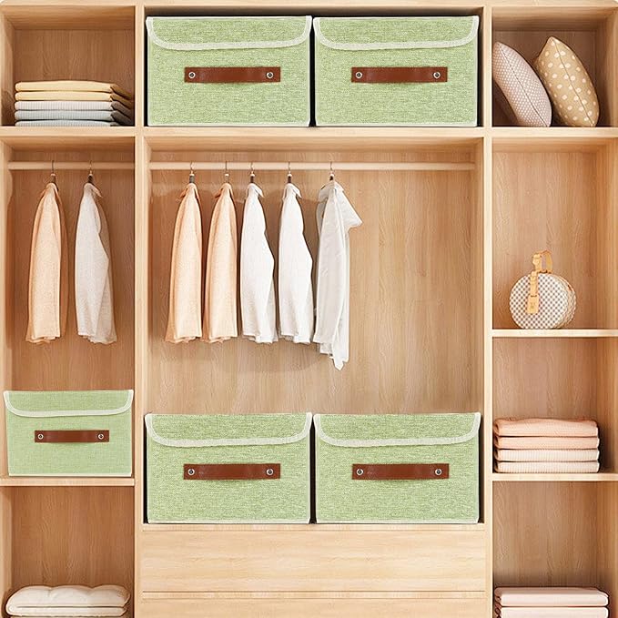 Small Storage Bin with Lid Storage Boxes,Collapsible Linen Storage Basket Container with Lid Storage Cube for Organizing Closets(Green)