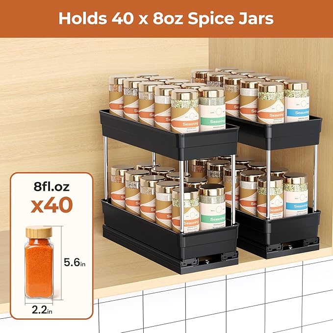 Mystozer Pull Out Spice Rack Organizer for Cabinet, Slide Out Spice Racks Organizer, Easy to Install Spice Cabinet Organizers, 4.33''Wx10.62''Dx8.66''H, 2 Packs-2 Tiers(Black)