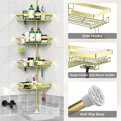 DAOYA Shower Caddy Tension Pole with 2 Soap Holders, Adjustable Corner Shower Caddy, Gold Finish, Expandable 25-114.2 Inches for Bathtub Corner, Bathroom Storage Organizer