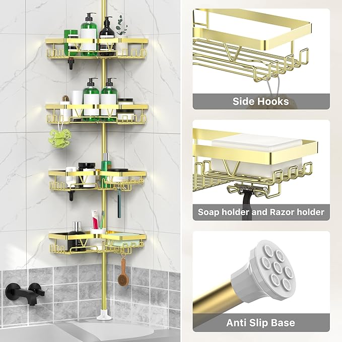 DAOYA Shower Caddy Tension Pole - Gold Corner Shower Caddy Stainless Steel Bathroom Shower Organizer for Tub Tension Rod Corner Shower Shelves(22-114.2inch)