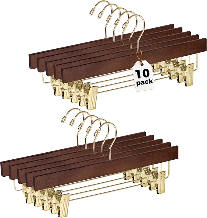 Quality Hangers Wooden Pants Hangers - 10-Pack Swivel Hook Cloth Hanger Set - Lotus Wood Skirt, Pant, Shorts and Slack Hangers with Adjustable Clip (Walnut - Gold Hook, 10)