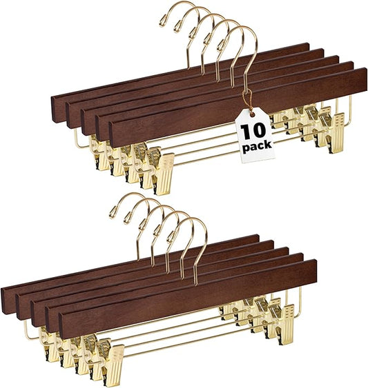 Quality Hangers Wooden Pants Hangers - 10-Pack Swivel Hook Cloth Hanger Set - Lotus Wood Skirt, Pant, Shorts and Slack Hangers with Adjustable Clip (Walnut - Gold Hook, 10)