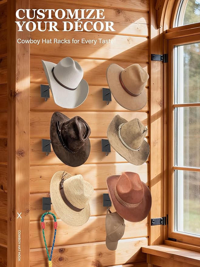 Cinati Cowboy Hat Rack for Wall 6 Pack, Cowboy Hat Holder Wall Mount, Western Rustic Metal Hats Hanger Hooks Organizer for Fedora,Sun Hats,Wide Brim, Extra Hooks for Baseball Caps,Western Room Decor