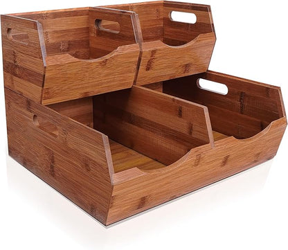 [Upgraded] 2-tier Stackable Bamboo Pantry Storage Bins, Potato and Onion Storage Baskets with Handles, Removable Divider, Pantry Organizer Holder for Kitchen, Office, Cabinet, Fruit Storage (Walnut)