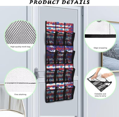Striped Dog Paws Over the Door Shoe Organizer,Hanging Storage Bags with 12 Mesh Large Pockets,Hanging Shoe Storage Hanging Bag