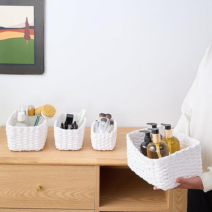 4PCS Woven Storage Baskets Set, Small Baskets for Organizing, Square Handwoven Paper Rope Organizer Bins for Shelves and Home Storage (White)