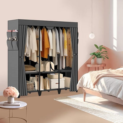 Wardrobe Closet, Quick and Easy Assembly, Gray Large Capacity Portable Closet with 3 Hanging Rods 6 Storage Shelves and 8 Side Pockets, Clothes Rack with Cover, for Bedroom and Living Room