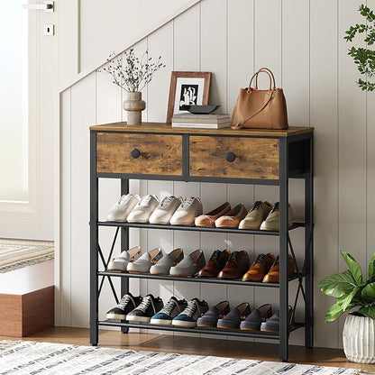 YATINEY 4 Tier Shoe Rack, Large Capacity Shoe Storage Organizer, Metal Shoe Shelf with Drawer and Wooden Top, for 16 Pairs of Shoes, for Entryway, Closet, Rustic Brown and Black SS24BR