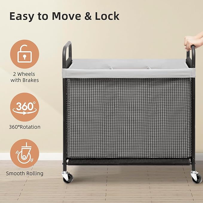 STORAGE MANIAC Rolling Laundry Hamper with Wheels 3-Section Laundry Sorter Rolling Laundrys Basket on Wheels with Removable Bag Clothes Hamper Laundrys Organizer Cart Bathroom Bedroom 120L Grey