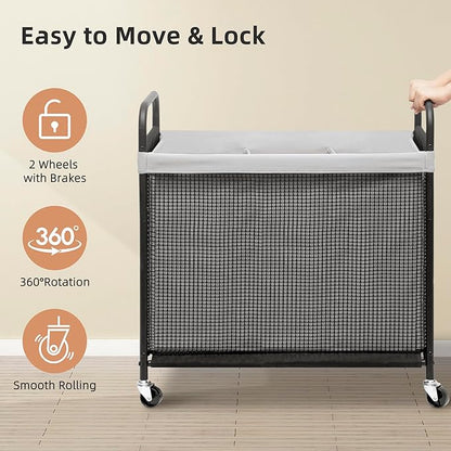 STORAGE MANIAC Rolling Laundry Hamper with Wheels 3-Section Laundry Sorter Rolling Laundrys Basket on Wheels with Removable Bag Clothes Hamper Laundrys Organizer Cart Bathroom Bedroom 120L Grey