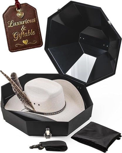 Cowboy Hat Box for Travel – Cowboy Hat Travel Case Hard Shell w/Mirror, Latches & Bag – Western Hat Can for Cowboy - Hat Boxes for Men & Hat Boxes for Women Storage - Midnight Black
