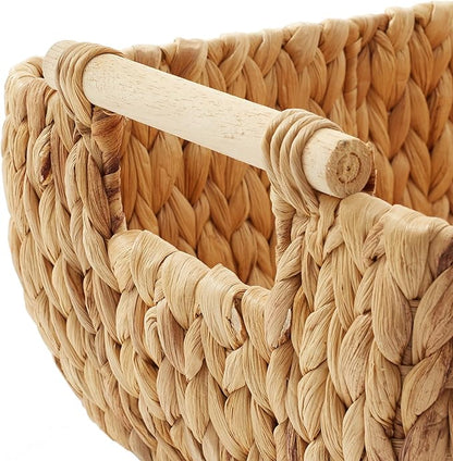 Casafield Set of 2 Water Hyacinth Oval Storage Baskets with Wooden Handles - Large, Woven Bin Organizers