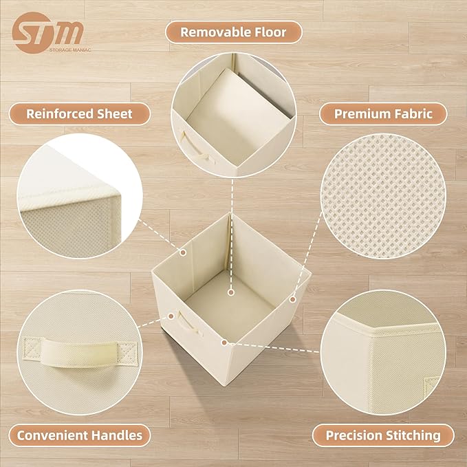 STORAGE MANIAC Storage Cubes, 13 Inch Collapsible Storage Bins with Handles, 6 Pack Fabric Foldable Bins for Organization, Durable Storage Bins for Closet, Shelves, Offices, Toys, 6-Pack Beige