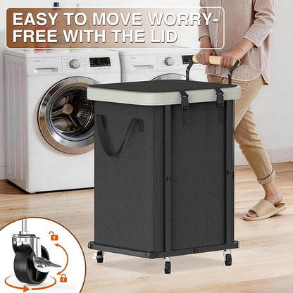 40 Gal (150L) Laundry Hamper with Lid,Leather Patchwork Laundry Baskets with Wheels and Handle,Dirty Clothes Hamper,Laundry Basket Organizer for Bedroom Aesthetic,Laundry Room,Dorm - Black Gray