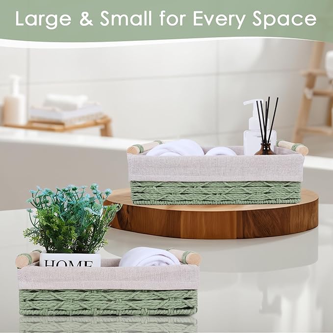 Wicker Storage Basket with Wooden Handle – Paper Rope Decorative Toilet Paper Baskets & Bathroom Organizer for Toilet Tank Top, Shelves, Bedroom, Countertop,Home,Office Storage Bins, 2 Pack,Sage Green