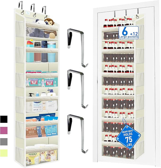 Over the Door Organizer Storage 6 Tier, 12 Large Capacity Side Pockets, Heavy Duty Metal Reinforced Hook Anti Tilt 75 LB Load Behind Door Storage for Bedroom Bathroom Pantry Nursery