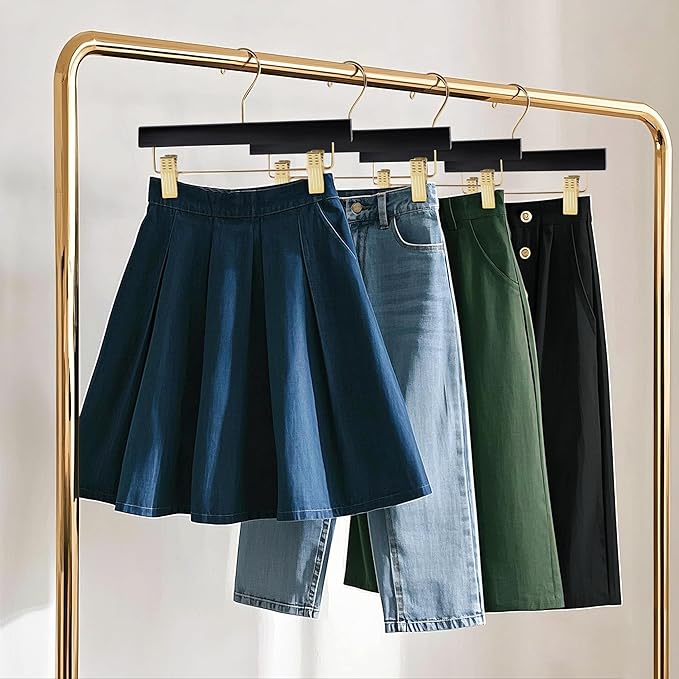 Quality Hangers Black Wooden Pants Hangers - 10-Pack Swivel Hook Cloth Hanger Set - Lotus Wood Skirt, Pant, Shorts and Slack Hangers with Adjustable Clip – Black Clothing Hanger (Gold Hook, 10)