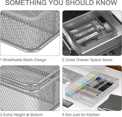 TQVAI Silverware Organizer - 6 Slots Non-Slip Mesh Kitchen Drawer Organizer - Metal Compact Utensil Cutlery Holder in Drawer Tray, Silver