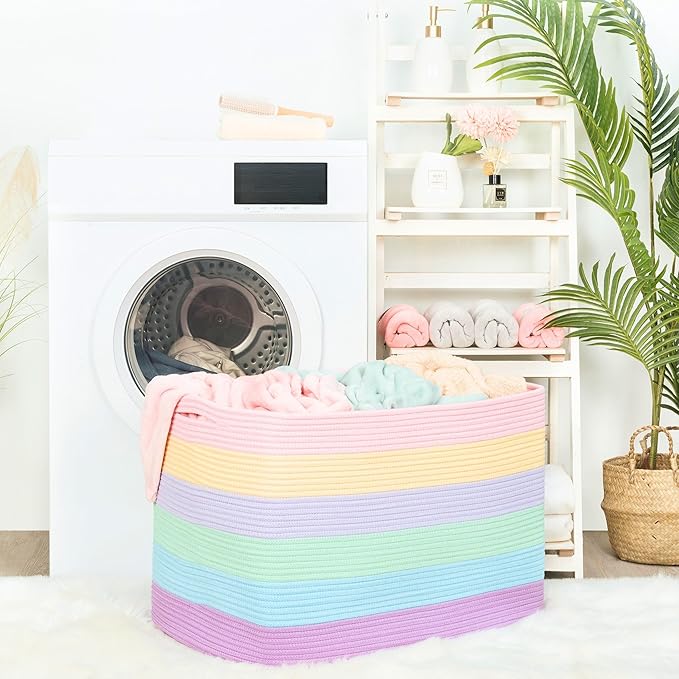 MINTWOOD Design 112L Extra Large Blanket Basket Holder Living Room, 25"x17"x16" Rectangle Rope Woven Storage Basket with Handles for Laundry, Towels, Shoes, Dog Toy Organizer Bin Box, Pastel Rainbow