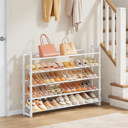 FAVOOSTY 5-Tier Expandable Shoe Rack, Adjustable Shoe Shelf Storage Organizer Space Saving Metal Free Standing Shoe Rack for Entryway Closet Doorway, Silver Grey (White, 5 Tier)