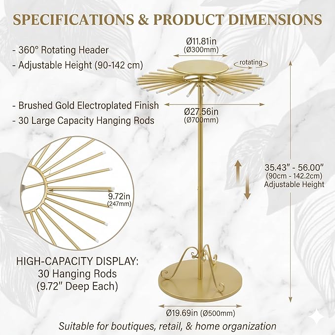 Novabright Adjustable Freestanding 360° Rotating Scarf Display Rack with 30 Rods, Gold Tie Belt Hanger Shawl Shelf Hijab Stand, 35.43-56" Height Scarf Holder for Boutique Clothing Store Home Storage