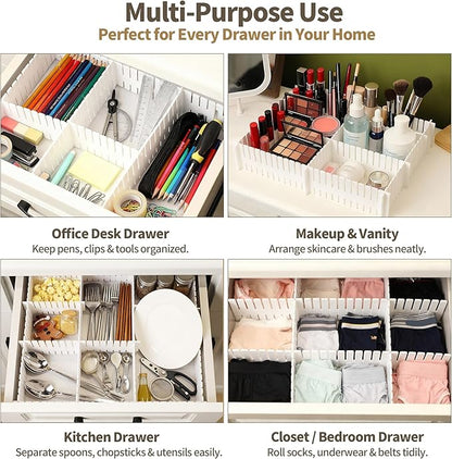 Drawer Divider Adjustable Diy Storage Organizer Separator for Tidying Clutter Cutlery Makeup Clothes of Dresses, Desk & Box in Kitchen Bathroom Bedroom Office (Cut at Will) (White 8pcs)