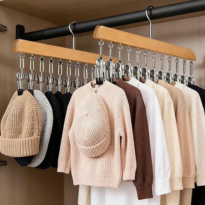 Closet Organizer with 10 Clips, 2 Pack Legging Organizer for Closet 10 Clips, Space Saving Hanging, Wooden, Multifunctional Storage for Clothes, Leggings, Sock, Jeans & More