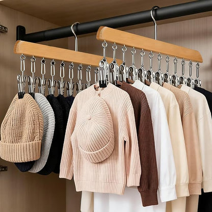 Closet Organizer with 10 Clips, 2 Pack Legging Organizer for Closet 10 Clips, Space Saving Hanging, Wooden, Multifunctional Storage for Clothes, Leggings, Sock, Jeans & More