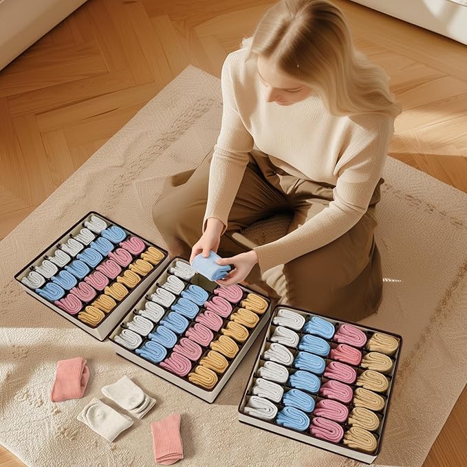 Sock Organizer 4 Pack, Large Sock Drawer Divider, Underwear Storage 24 Cell Closet Organizers and Storage for Wardrobes, Drawers. (Beige)