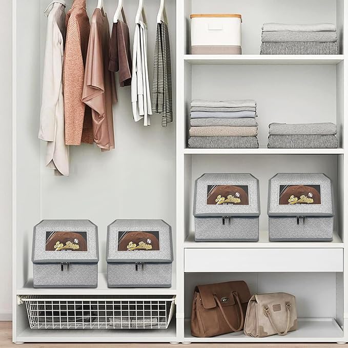 4 Pack Stackable Baseball Cap Organizer for Closet, Holds 24 Hats Each – Hat Storage Boxes with Cardboard Support, Snapback & Fitted Cap Holder, Space-Saving Hat Rack for Men, Grey (Casual, 4, Pack)