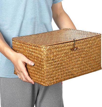 Hipiwe Wicker Shelf Baskets Bin with Lid, Handwoven Seagrass Basket Storage Bins Rectangular Household Basket Boxes for Shelf Wardrobe Home Organizer, Caramel X-Large