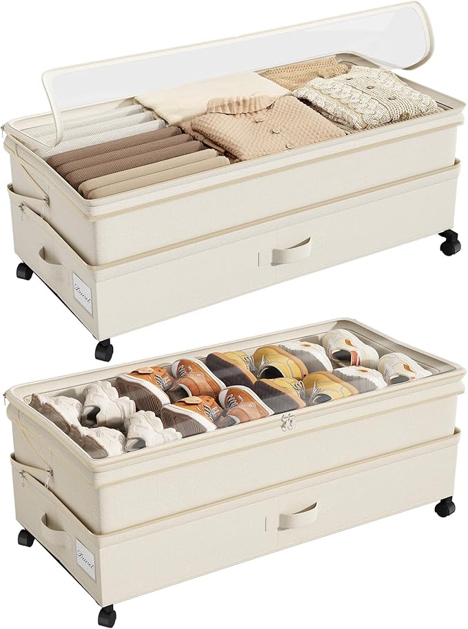 Kitstorack 2Pack Height-adjustable Under Bed Storage with Wheels, Under Bed Storage Containers,Under Bed Shoe Storage Organizer with Clear Window&Label, Suitable for Clothes Storage, Beige
