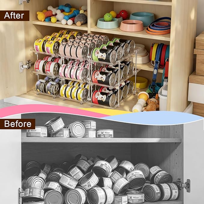 Cat Food Can Organizer, Modular 3-Tier Adjustable Can Organizer for Pantry, Soup Cans and 3oz & 5oz Canned Goods Storage, Clear Can Holder for Pantry and Fridge
