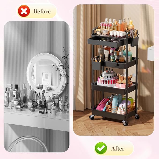 SUNALLY Makeup Cart Organizer with Drawers, 4 Tier Floor Skincare Organizers for Vanity, Rolling Makeup Bathroom Storage Cart Cosmetics Display Cases for Skin Care Perfume Nail Polish, Black