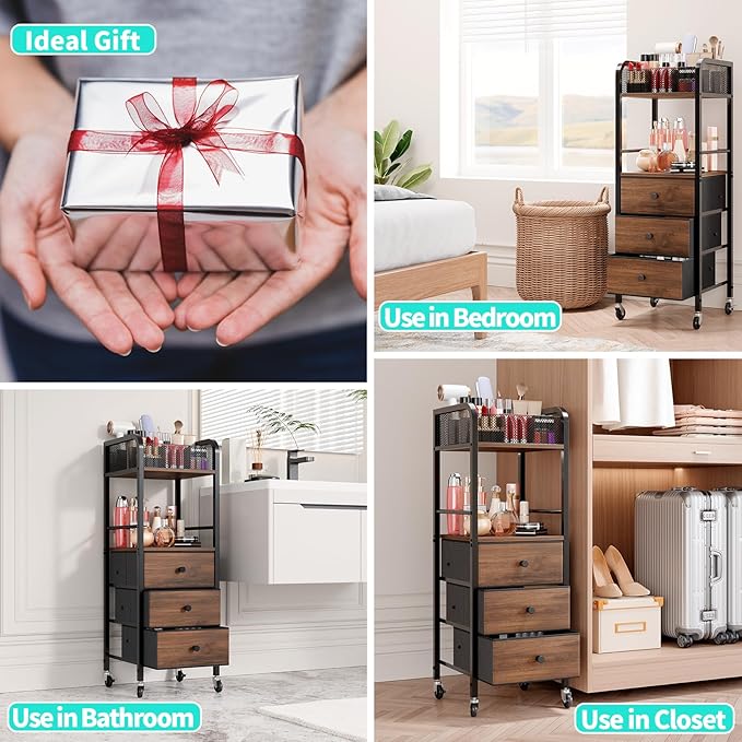 HapiRm Rolling Makeup Cart Organizer - Floor Skincare Make Up Storage with 3 Non-woven Fabric Drawers, Vanity Organizer Cosmetic Display Cases Holder for Skin Care Perfume Nail Polish Brush Hair Tool