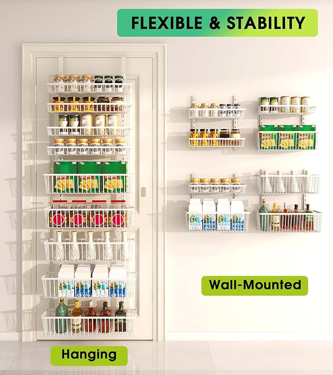 Mefirt White 9-Tier Over The Door Pantry Organizer, Pantry Organization and Storage, Deep Baskets Hanging Heavy-Duty Metal, Wall Spice Rack Seasoning Shelves for Home & Kitchen, Laundry Room Bathroom