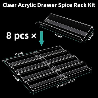 MIUKAA Acrylic Spice Drawer Organizer, 4 Tier - 8 Pack Seasoning Organizer for Drawer, Expandable From 13" to 26" Kitchen Drawer Spice Rack with Slip-Proof Mat (Jars not Included)