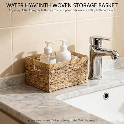 Woven Natural Water hyacinth basket Rectangular organizer basket with Handle for Desktop, Bathroom, Entryway,Kingwillow.(Small)