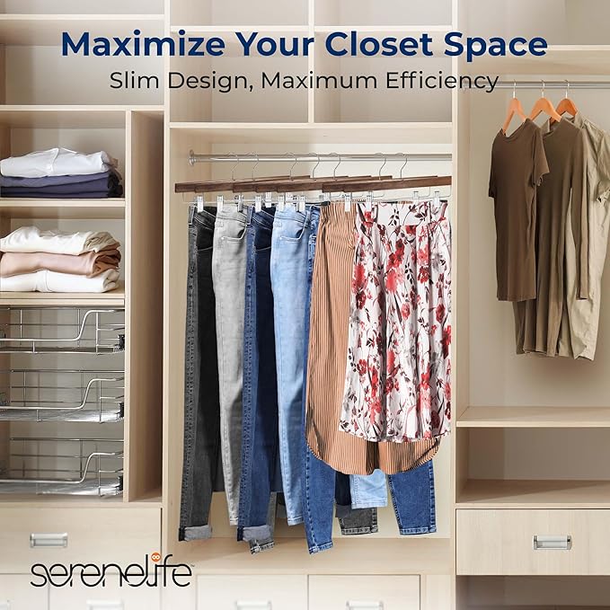 SereneLife 20 Pack Skirt and Pant Hanger with Adjustable Non-Slip Steel Clips, Premium Wooden, 360° Swivel Hook & 10 lb Capacity – Space-Saving Heavy-Duty Hangers for Jeans, Shorts & Slacks (Brown)