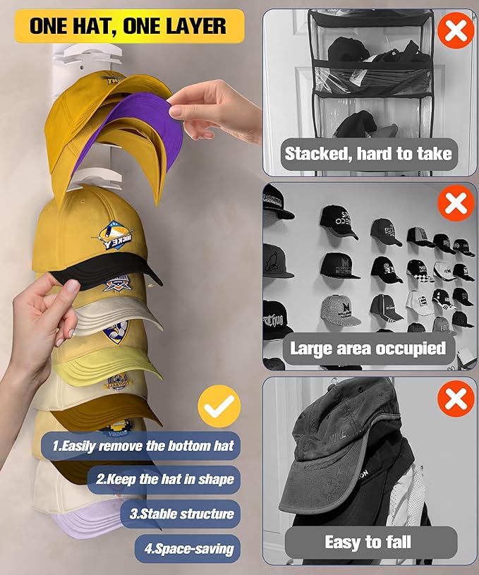 Hat Organizer for Baseball Caps 2 Pack, Hat Rack for Wall Hold up to 20 Hats with Strong Adhensive, Hats Holder Hanger Space Saving for Displlay, Cap Organizer Storage Multilayer(White)