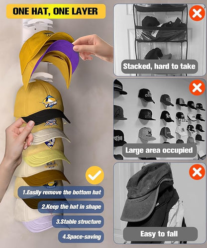 Hat Organizer for Baseball Caps 2 Pack, Hat Rack for Wall Hold up to 20 Hats with Strong Adhensive, Hats Holder Hanger Space Saving for Displlay, Cap Organizer Storage Multilayer(White)