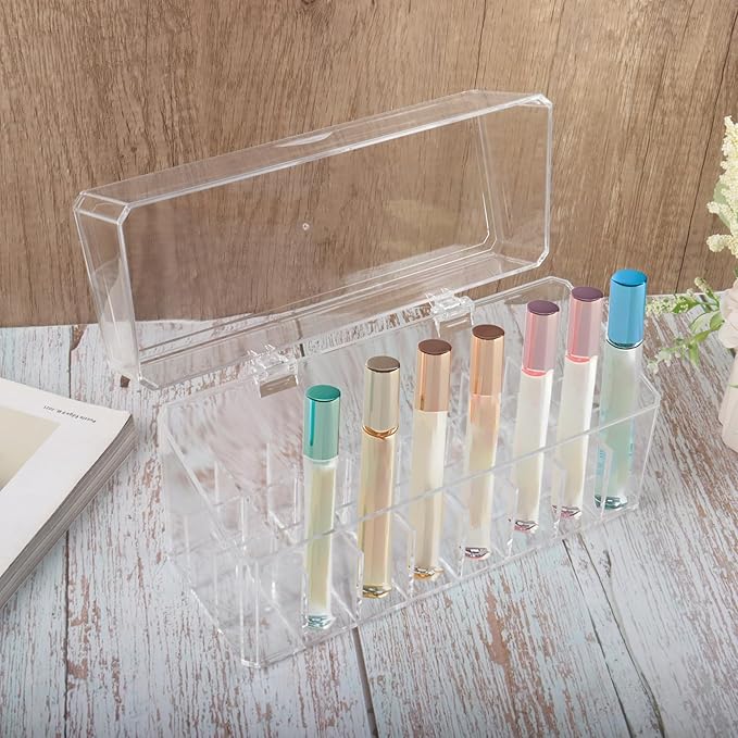 Klmnop Rollerball Perfume Organizer, 24 Grids Clear Acrylic Perfume Organizer Holder with Lid, Container Storage for Mini Perfume, Perfume Sample and Lipstick(Clear)