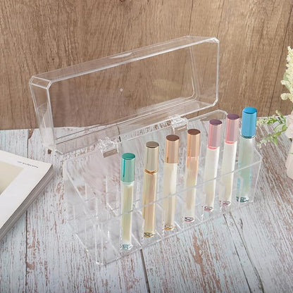 Klmnop Rollerball Perfume Organizer, 24 Grids Clear Acrylic Perfume Organizer Holder with Lid, Container Storage for Mini Perfume, Perfume Sample and Lipstick(Clear)