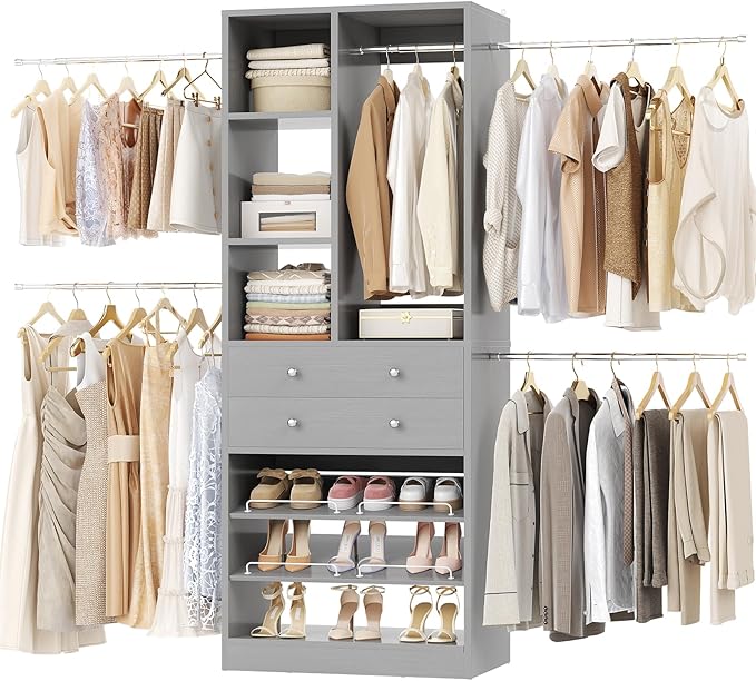 Besiost Closet System, 4.2–8.8 FT Closet Organizer with 2 Wooden Drawers and Shelves, Walk-in Closet System with 5 Hang Rods, Built-in Closet Tower, Can Fit 60 to 96 inch, Morandi Grey