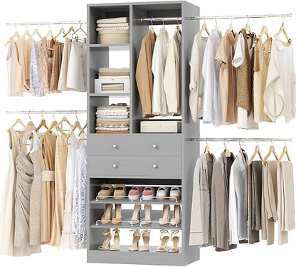 Besiost Closet System, 4.2–8.8 FT Closet Organizer with 2 Wooden Drawers and Shelves, Walk-in Closet System with 5 Hang Rods, Built-in Closet Tower, Can Fit 60 to 96 inch, Morandi Grey
